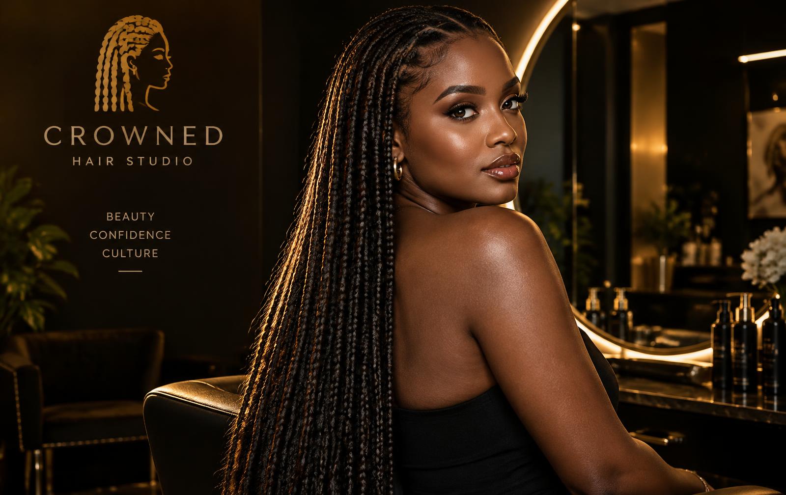 Client with long braids at Oheneba Hair Studio